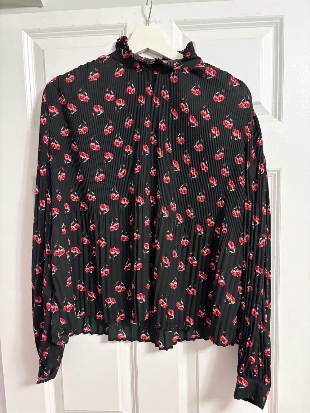 Black Floral Pleated Long-Sleeve Blouse - Red Floral